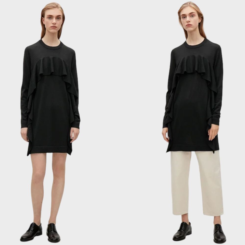 COS Knitted Frill Long Sleeve Straight Fit Wool Mini Dress Top Black Women's XS